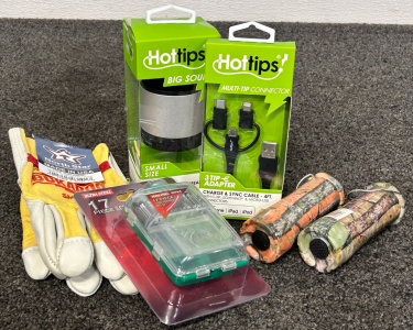 Size Small North Star Gloves, Hot Tips Portable Wireless Speaker, 3-Tip and Sync 4ft Cable, 17-Piece Screwdriver Bit Set, and (2) Camp Pull Up Lanterns
