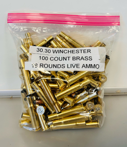 Bag of 100 Count 30.30 Winchester Brass Casings and (18) Rounds of Live Ammo