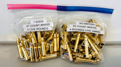 (1) Bag of 7.62x54 Brass and Live Rounds (5) and (1) Bag Of 303 British Brass and Live Rounds (4)