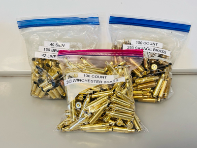 (100) Count 243 Winchester Brass, (100) Count 250 Savage Brass, and (150) Count .40 S&W Brass with (42) Live Rounds