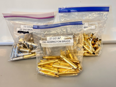 (72) Count 22/250 Brass, (49) Count .308/7.62x51 Brass and (27) Count 280 Remington Brass