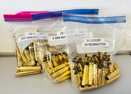 (51) Count 35 Remington, (43) Count .300 Win Mag Brass, and (20) Count 8mm Mauser Brass Casings