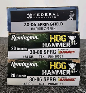 (3) Boxes 30-06 SPRG Ammunition- (2) Remington Hog Hammer 168gr., (1) Federal 180gr
