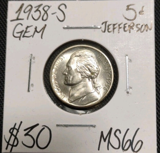 1938-S MS66 Gem Mint State Jefferson Nickel