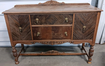 (1) Antique Wooden Buffet Cabinet - Ornate Front Detailing