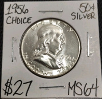 1956 MS64 Choice Silver Franklin Half Dollar