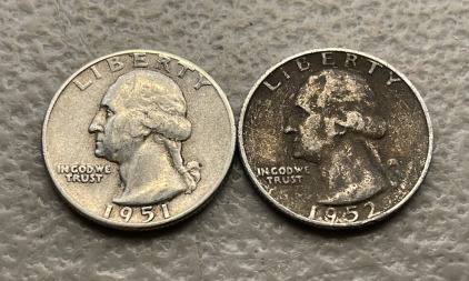 (2) 90% Silver Washington Quarters Dated 1951 And 1952