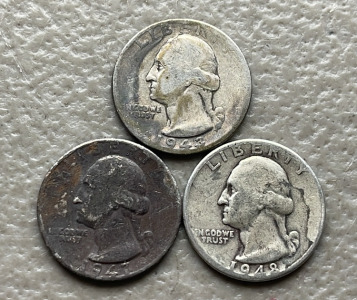 (3) 90% Silver Washington Quarters Dated 1943, 1947, And 1948