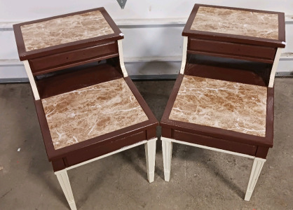 (2) Two-Tier Accent Tables w/ Faux Marble Top & Drawer