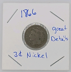 (1) 1866 3-Cent Nickel - Great Details (Carded)