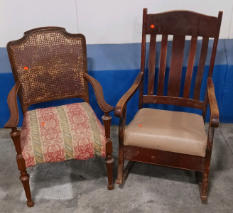 (2) Vintage Wooden Chairs - (1) Cane-Back Armchair (1) Slat-Back Rocking Chair