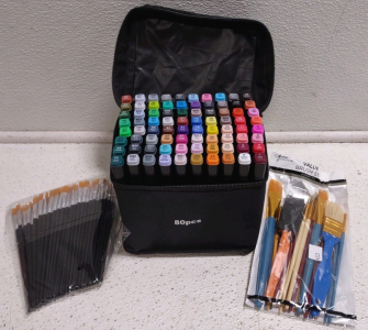 (1) Set of 80-Pcs Dual Tip Artist Alcohol Markers (2) Assorted Sets of Paint Brushes