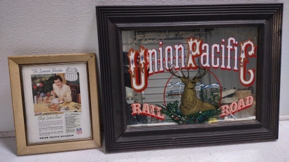 A 9&frac34;"x 11&frac34;" Vintage Advertisement for the Union Pacific Railroad, likely from the 1950s & A Vintage Union Pacific Railroad Advertising Pub Mirror