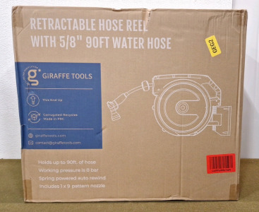 (1) Giraffe Tools Retractable Hose Reel W/ 90-Feet Of 5/8" Hose & (1) 1 x 9 Pattern Nozzle