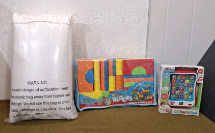 (1) 2-Pack Of Standard Size Pillows, (1) 52-Piece Foam Block Set & (1) Mini Explorerers Tap & Learn Touch Pad