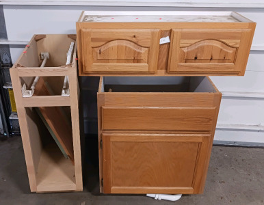(3) Oak Finish Kitchen Cabinets w/ Drawers - Mixed Styles