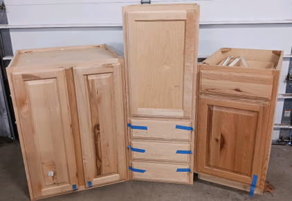 (3) Unfinished Wood Kitchen Cabinets w/ Drawers & Doors