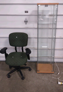 (1) Glass Display Cabinet w/ Shelves & (1) (Green) Rolling Office Desk Chair