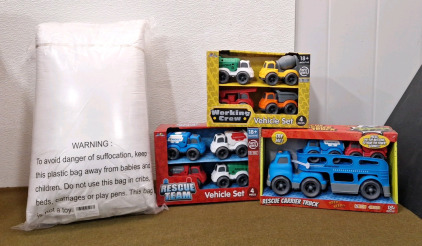 (1) 2-Pack Of Standard Size Pillows, (1) 4-Piece Working Crew Toy Vehicle Set, (1) 4-Piece Rescue Team Toy Vehicle Set & (1) 3-Piece Rescue Carrier Truck Toy Vehicle Set