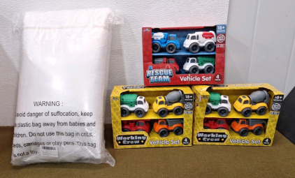 (1) 2-Pack Of Standard Size Pillows, (2) 4-Piece Working Crew Toy Vehicle Sets & (1) 4-Piece Rescue Team Toy Vehicle Set