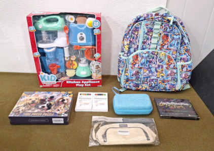 (1) Kids Connections Kitchen Appliance Play Set (1) 1000-Piece Puzzle, (2) 6-Packs Of Highlighter Pens (1) Small Soft Case, (1) Kids Backpack, (1) Pen / Pencil Bag & (1) Acrylic Paint Pen Set