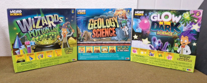 (3) Weird Science Lab Kits, (1) Wizards Potion Lab, (1) Geology Sicence Lab & (1) Glow In The Dark Science Lab