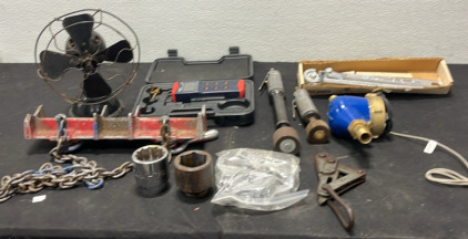 (1) Vintage Fan (1) Differential Pressure Manometer (2) Jet Tools (2) Large Sockets & Other Tools (1) Tube Bender