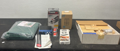 (1) Roto Zip Drywall Router (1) Mosquito Trap (1) Pull Over Tree Cover (1) Ninja Veggie Tray (1) Audiobox USB (2) Packs of Drywall Drill Bits (1) Duplicator Sander
