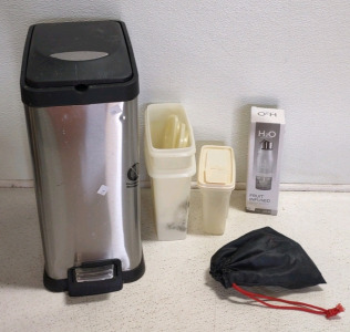 (1) Gray Finger Print Resistant Trash Can, (4) Assorted Plastic Containers, (1) Fruit Infused Water Bottle, & More