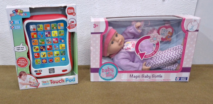 (1) Mini Explorerers Tap & Learn Touch Pad & (1) Baby Lilly Doll W/ Magic Baby Bottle