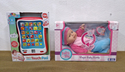 (1) Mini Explorerers Tap & Learn Touch Pad & (1) Baby Lilly Doll W/ Magic Baby Bottle