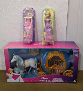 (1) Mattel Disney Princess Toys, Cinderella&rsquo;s Rolling Carriage, Fashion Doll-Sized W/ White Horse Featuring Brushable Mane & Tail, Inspired by The Movie, (1) 12" Disney Princess Doll Aurora & (1) 12" Disney Princess Doll Rapunzel <br/>