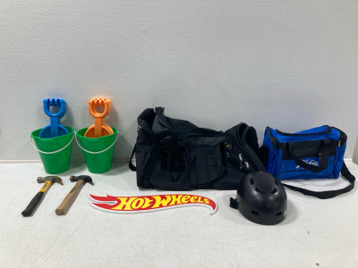 (2) Duffel Bags, (2) Sand Buckets & Shovels, (2) Hammers, Hotwheels sign, Bike Helmet