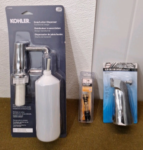 (1) Kohler Through Counter Soap Dispenser, Chrome Finish, (1) Danco - 1225 Moen Valve Cartridge & (1) Danco 5" Tub Spout, Chrome Finish