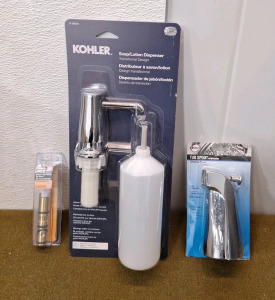 (1) Kohler Through Counter Soap Dispenser, Chrome Finish, (1) Danco - 1200 Moen Valve Cartridge & (1) Danco 5" Tub Spout, Chrome Finish