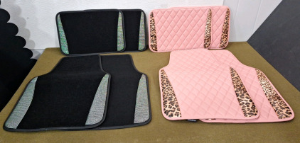 (2) 4-Piece Beiqitong Car Floor Mat Sets, (1) Black & Silver Diamond, (1) Pink & Brown Leopard Print