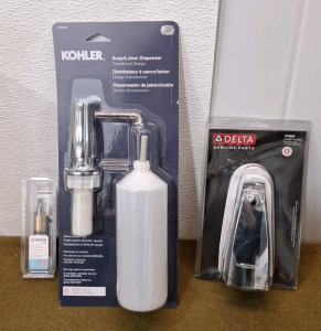 (1) Kohler Through Counter Soap Dispenser, Chrome Finish, (1) Moen 1200 Valve Cartridge & (1) Delta RP5834 / 6" Tub Spout, Chrome Finish
