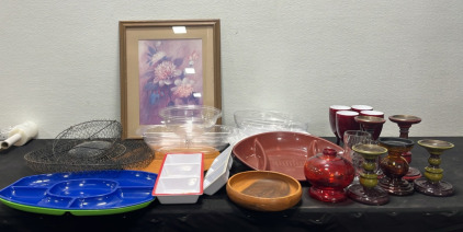 (1) Water Trap (1) Painting (4) Wine Glasses (9) Platters (1) 2000&rsquo;s A&W Collectors Mug (5) Candleholders & More!