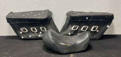 (2) Harley Davidson Saddle Bags (1) Harley Davidson Seat (1) Helmet