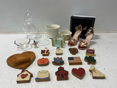 Assorted Home Items- Size 6 Shoes, Kitchenware, And Wooden Heart Sign With Assorted Wooden Decor