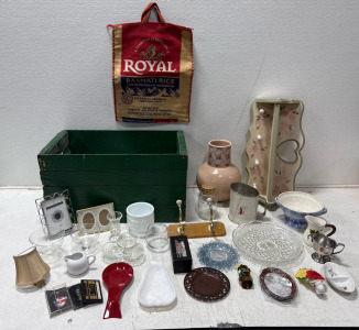 Assorted Home Goods, Wooden Green Box, Wooden Shelf And Wall Hanger, Assorted Home Goods And Glassware