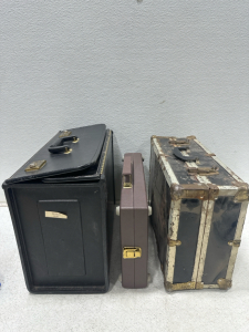 (1) Vintage 1968 US Employment Services Pente Test Tool, (1) Faux Leather Hinged Box Briefcase, (1) Vintage Black Plastic and Metal Lockbox