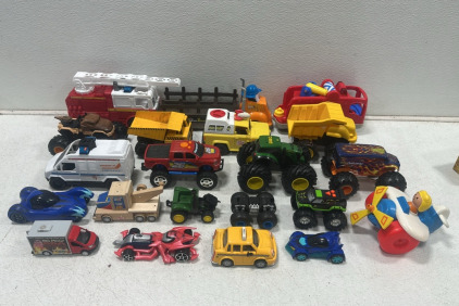 Large Assortment of Various Toy Cars and Trucks (Monster Trucks, Cars, Contruction, Firetruck, and More)
