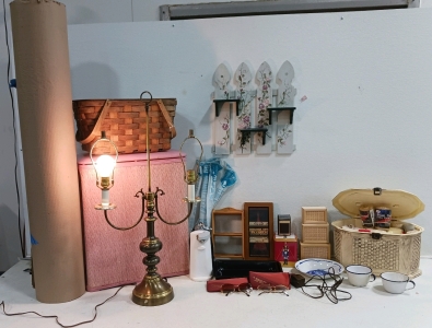 (21) Mixed Home Decor & Collectibles - (1) Brass Lamp - Powers On (1) Wicker Basket (1) Floral Wall Shelf (1) Sewing Kit (1) Remington 29 Shaver & So Much More!!