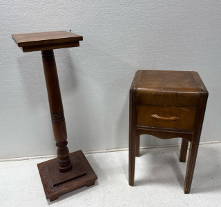 (1) Wooden Side Table With Drawer 15.5&rdquo;x 27&rdquo; (1) Dark Wood Plant Stand 12.5&rdquo;x36&rdquo;