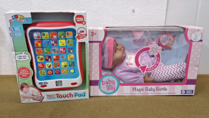 (1) Mini Explorerers Tap & Learn Touch Pad & (1) Baby Lilly Doll W/ Magic Baby Bottle