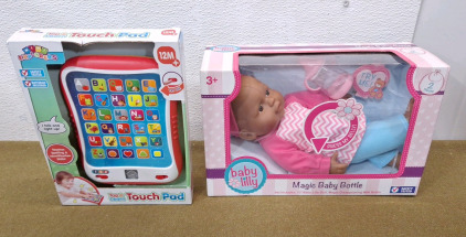(1) Mini Explorerers Tap & Learn Touch Pad & (1) Baby Lilly Doll W/ Magic Baby Bottle