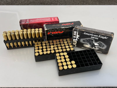 Box Of American Eagle 5.56x 45 mm 55 Gr, 204 Ruger (Brass Casings) and 32 Auto 71 Gr.