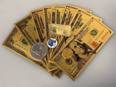 Collectibles Including: Novelty Gold Toned Bar and Dollar Bills and Coins