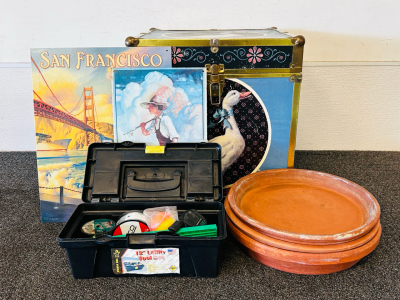 Vintage Storgae Box, Tin Signs, Planter Bases, and Fish Tack